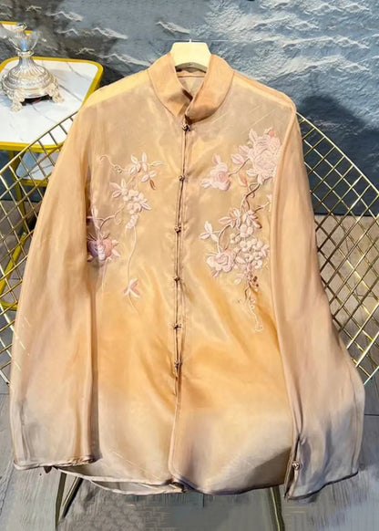New Khaki Embroidered Button Tulle Blouses Long Sleeve Cg1007