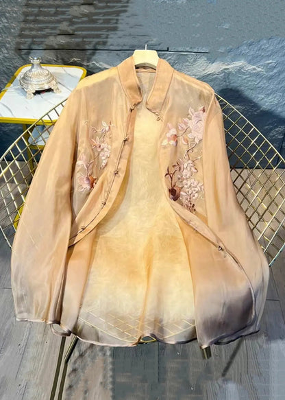 New Khaki Embroidered Button Tulle Blouses Long Sleeve Cg1007