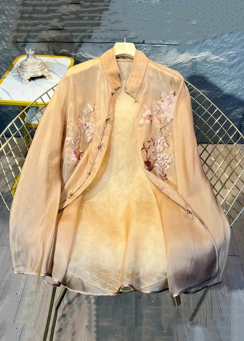 New Khaki Embroidered Button Tulle Blouses Long Sleeve Cg1007