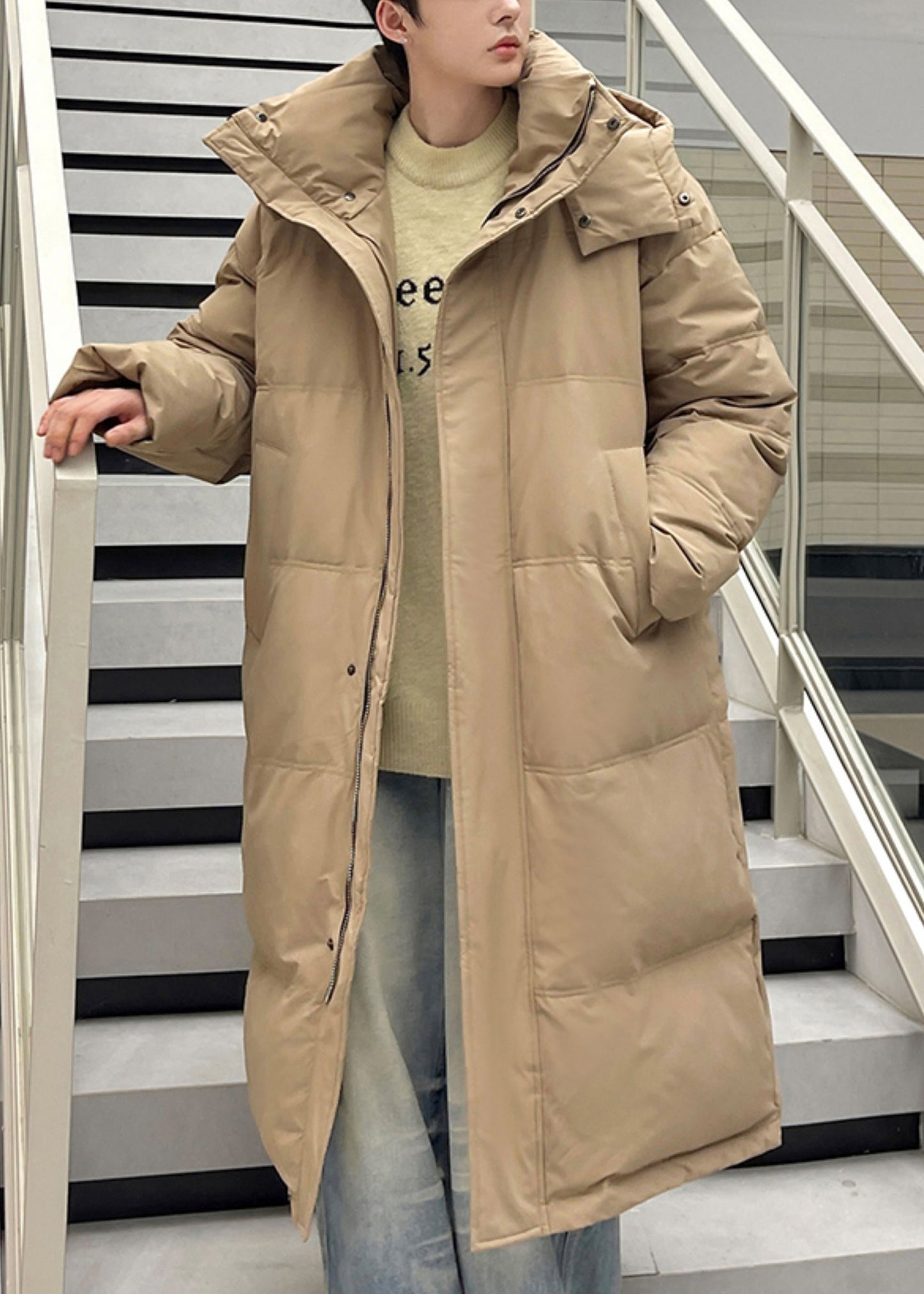 New Khaki Hooded Pockets Duck Down Long Down Coats Winter Rj012