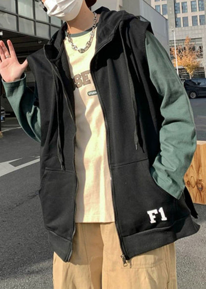 New Khaki Hooded Zippered Letter Cotton Waistcoat Spring Rn004