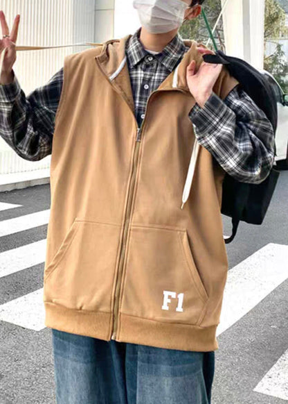 New Khaki Hooded Zippered Letter Cotton Waistcoat Spring Rn004