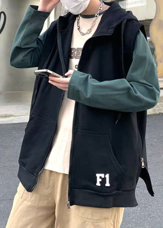 New Khaki Hooded Zippered Letter Cotton Waistcoat Spring Rn004