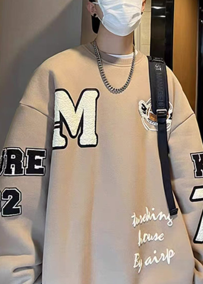 New Khaki O Neck Letter Warm Fleece Sweatshirt Winter Rp060