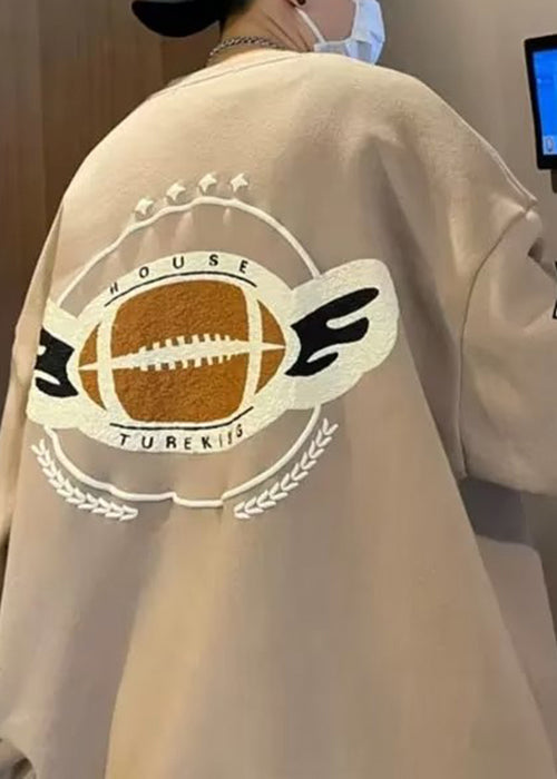 New Khaki O Neck Letter Warm Fleece Sweatshirt Winter Rp060