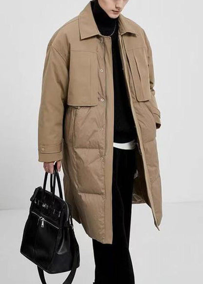 New Khaki Peter Pan Collar Button Pockets Duck Down Coats Winter Rj005