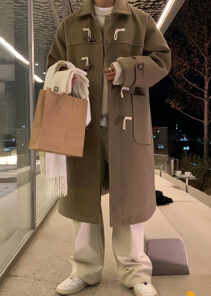 New Khaki Peter Pan Collar Button Pockets Woolen Coat Winter Ro044