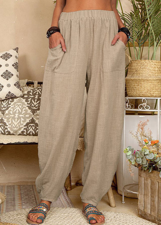 New Khaki Pockets Elastic Waist Linen Pants Summer Ff054