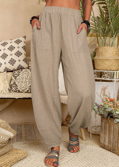 New Khaki Pockets Elastic Waist Linen Pants Summer Ff054