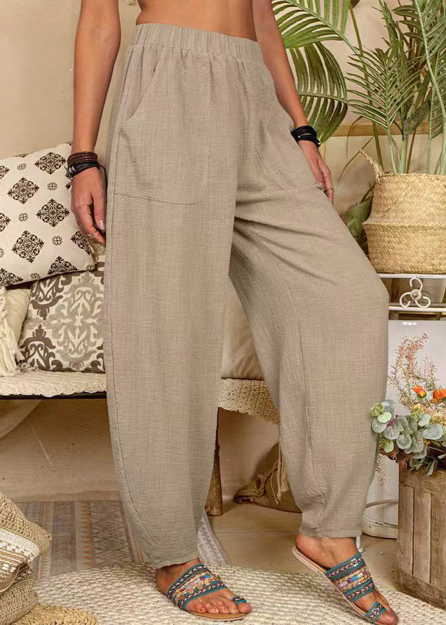 New Khaki Pockets Elastic Waist Linen Pants Summer Ff054