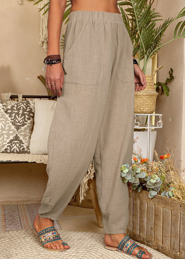 New Khaki Pockets Elastic Waist Linen Pants Summer Ff054