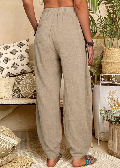 New Khaki Pockets Elastic Waist Linen Pants Summer Ff054