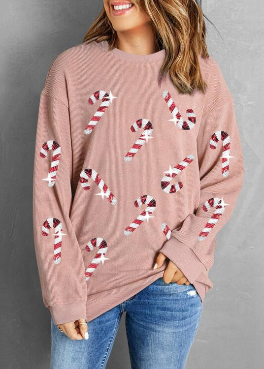 New Khaki Sequins Loose Cotton Sweatshirt Long Sleeve Ae1034