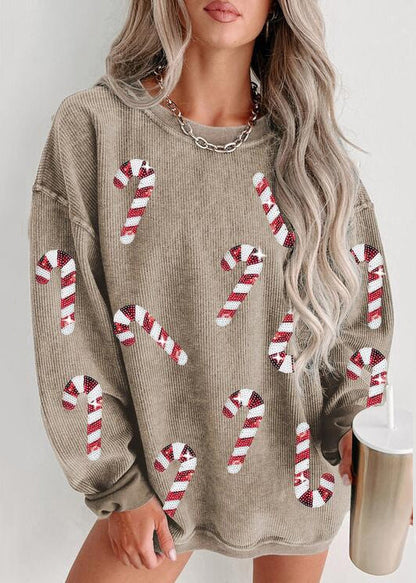 New Khaki Sequins Loose Cotton Sweatshirt Long Sleeve Ae1034