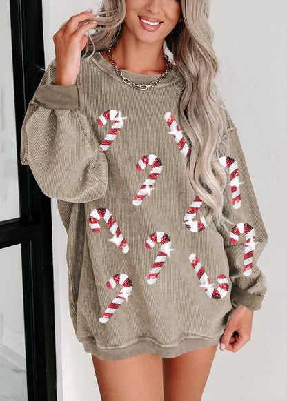 New Khaki Sequins Loose Cotton Sweatshirt Long Sleeve Ae1034