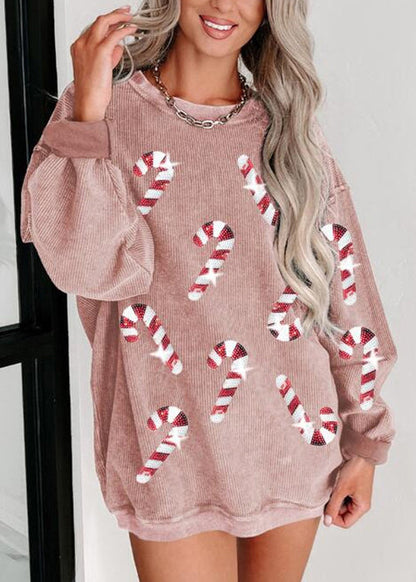 New Khaki Sequins Loose Cotton Sweatshirt Long Sleeve Ae1034