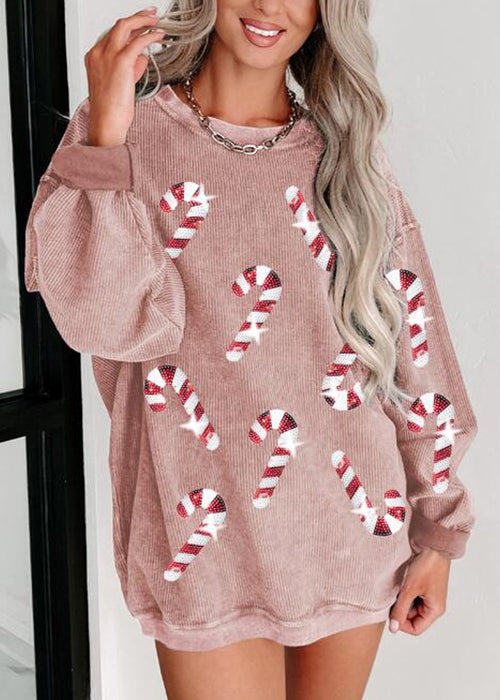 New Khaki Sequins Loose Cotton Sweatshirt Long Sleeve Ae1034