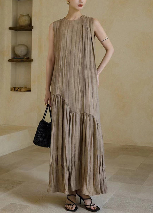 New Khaki Wrinkled Patchwork Cotton Long Dresses Sleeveless Op1063
