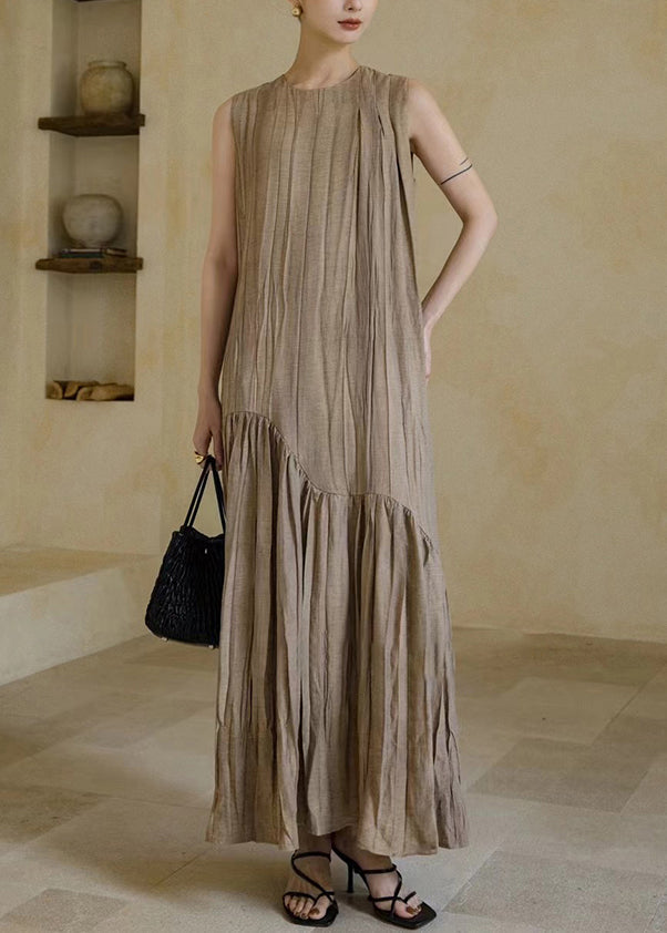 New Khaki Wrinkled Patchwork Cotton Long Dresses Sleeveless Op1063
