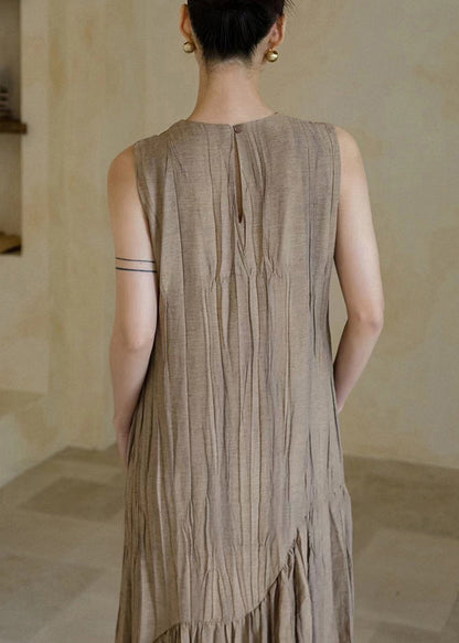 New Khaki Wrinkled Patchwork Cotton Long Dresses Sleeveless Op1063