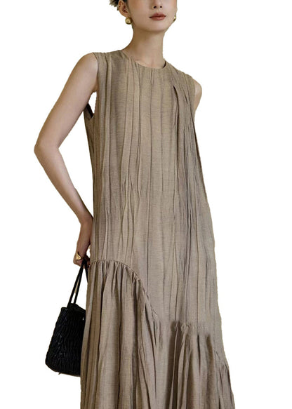 New Khaki Wrinkled Patchwork Cotton Long Dresses Sleeveless Op1063