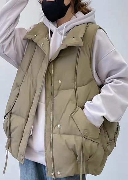 New Khaki Stand Collar Pockets Cotton Filled Waistcoat Spring Yw012