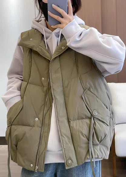 New Khaki Stand Collar Pockets Cotton Filled Waistcoat Spring Yw012