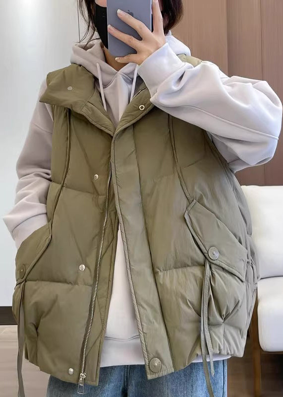 New Khaki Stand Collar Pockets Cotton Filled Waistcoat Spring Yw012