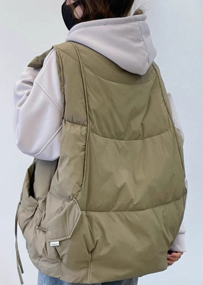New Khaki Stand Collar Pockets Cotton Filled Waistcoat Spring Yw012