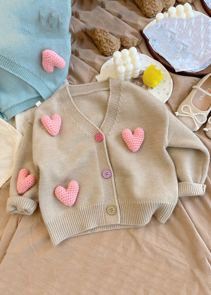New Khaki V Neck Love Cotton Knit Cardigan Winter Wl050