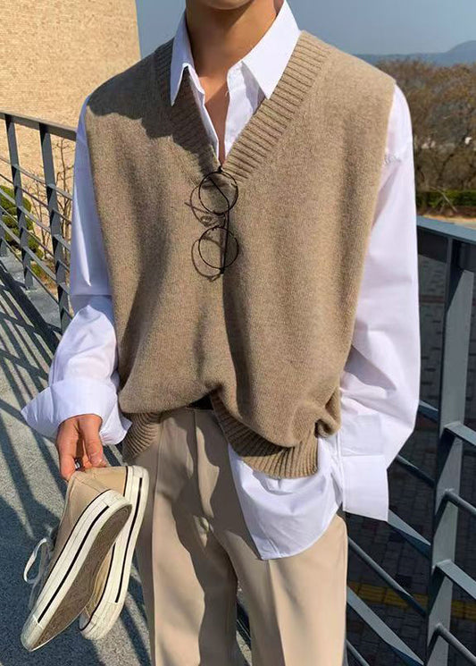 New Khaki V Neck Cozy Knit Waistcoat Sleeveless Rj024