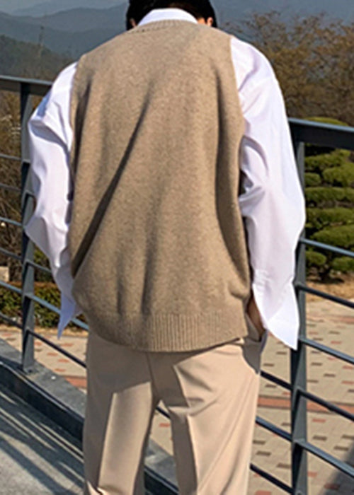New Khaki V Neck Cozy Knit Waistcoat Sleeveless Rj024
