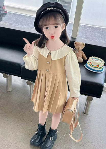 New Khaki Wrinkled False Two Pieces Cotton Long Dress Fall Xz015