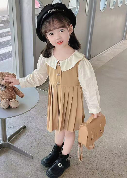 New Khaki Wrinkled False Two Pieces Cotton Long Dress Fall Xz015