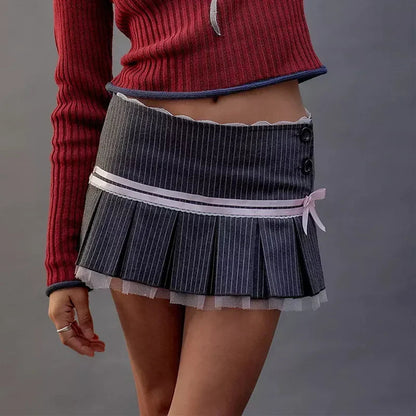 Dressbetty - Lace Splice Bow Bandage Folds Skirt