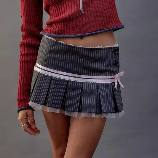Dressbetty - Lace Splice Bow Bandage Folds Skirt