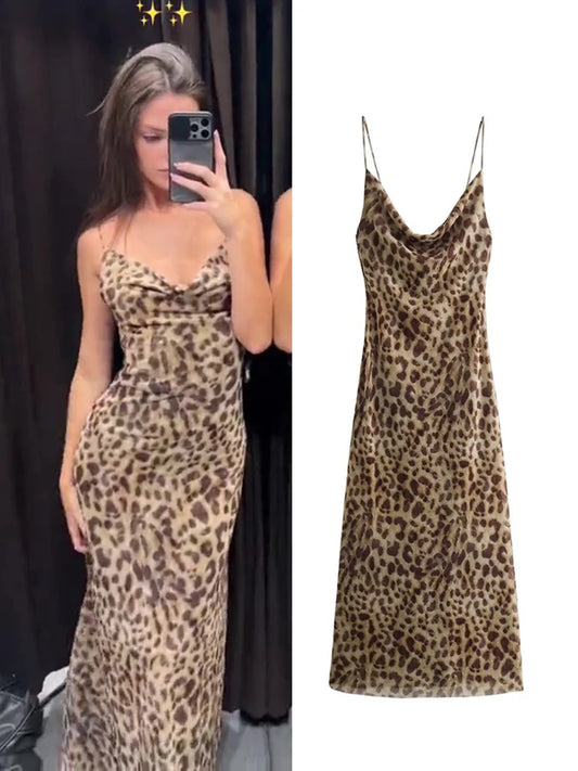 New Leopard Print Sling Maxi Dress for Summer Backless Sleeveless Slip Long Dress Female Party Vestidos