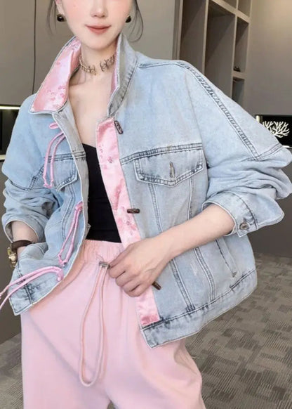 New Light Blue Button Patchwork Denim Coats Long Sleeve Cg1016