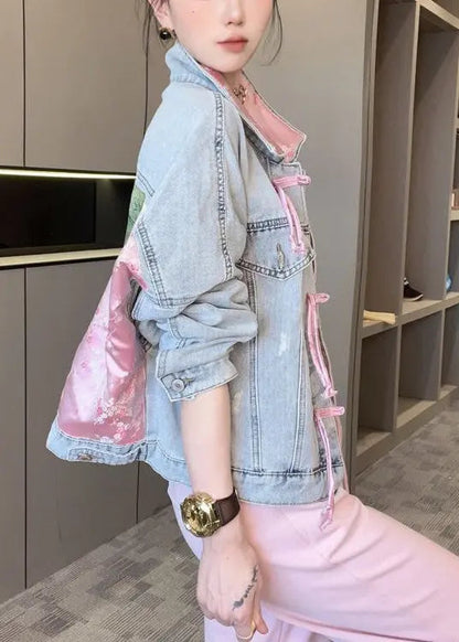 New Light Blue Button Patchwork Denim Coats Long Sleeve Cg1016