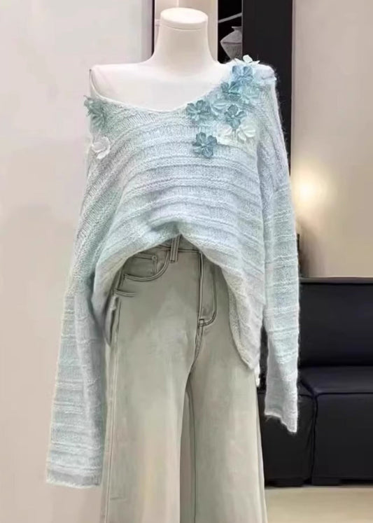 New Light Blue Cold Shoulder Knit Sweaters Winter Wk011