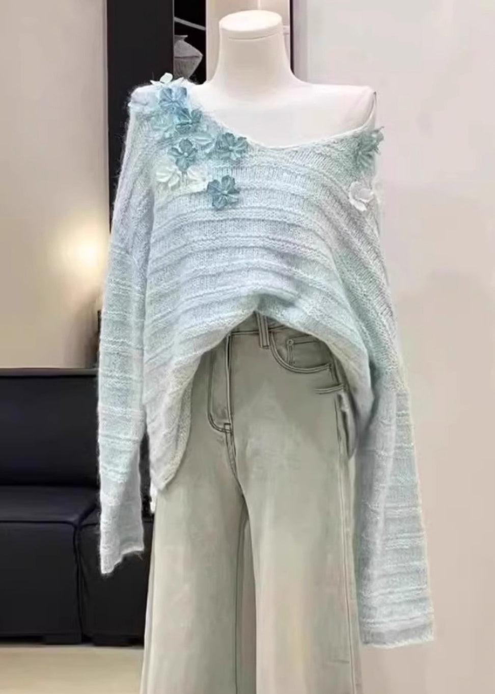 New Light Blue Cold Shoulder Knit Sweaters Winter Wk011
