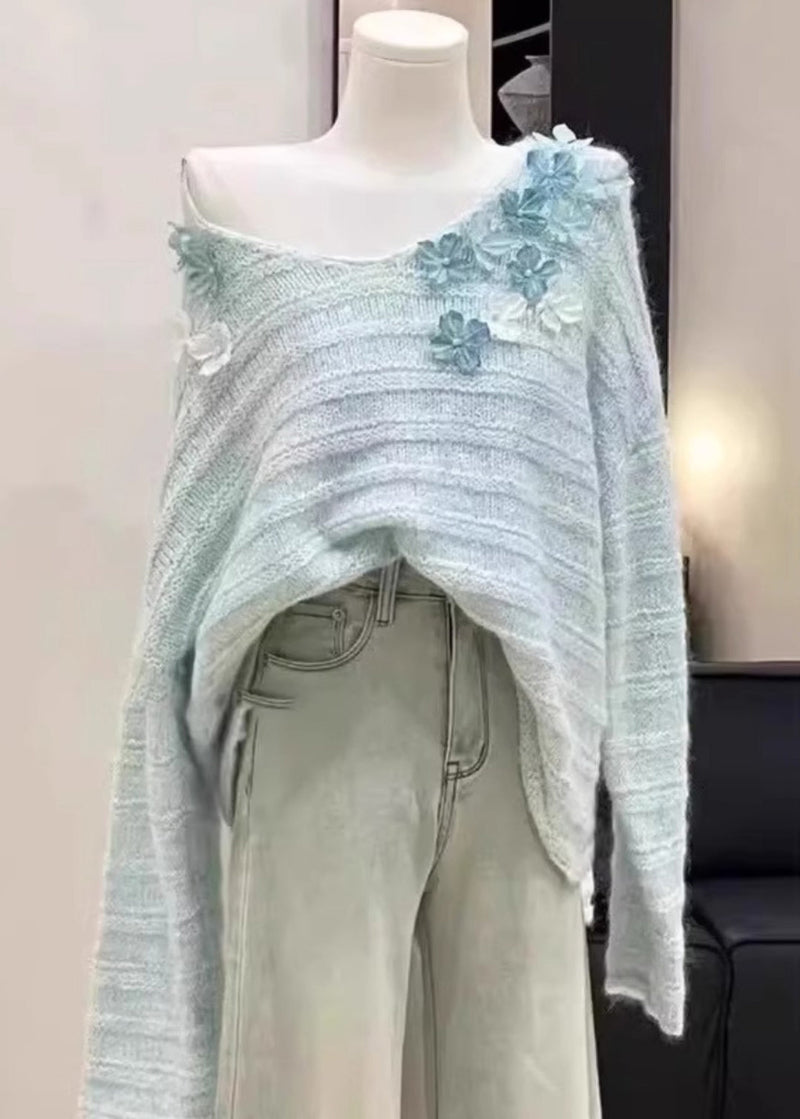 New Light Blue Cold Shoulder Knit Sweaters Winter Wk011