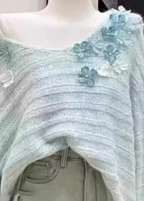 New Light Blue Cold Shoulder Knit Sweaters Winter Wk011