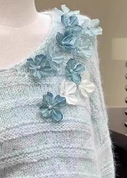 New Light Blue Cold Shoulder Knit Sweaters Winter Wk011