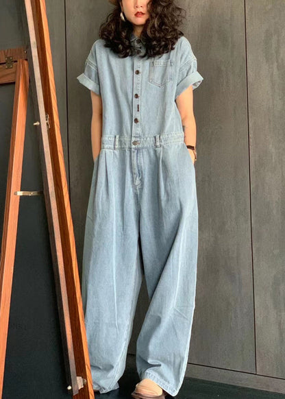 New Light Blue Peter Pan Collar Button Pockets Denim Jumpsuit Summer Mn077