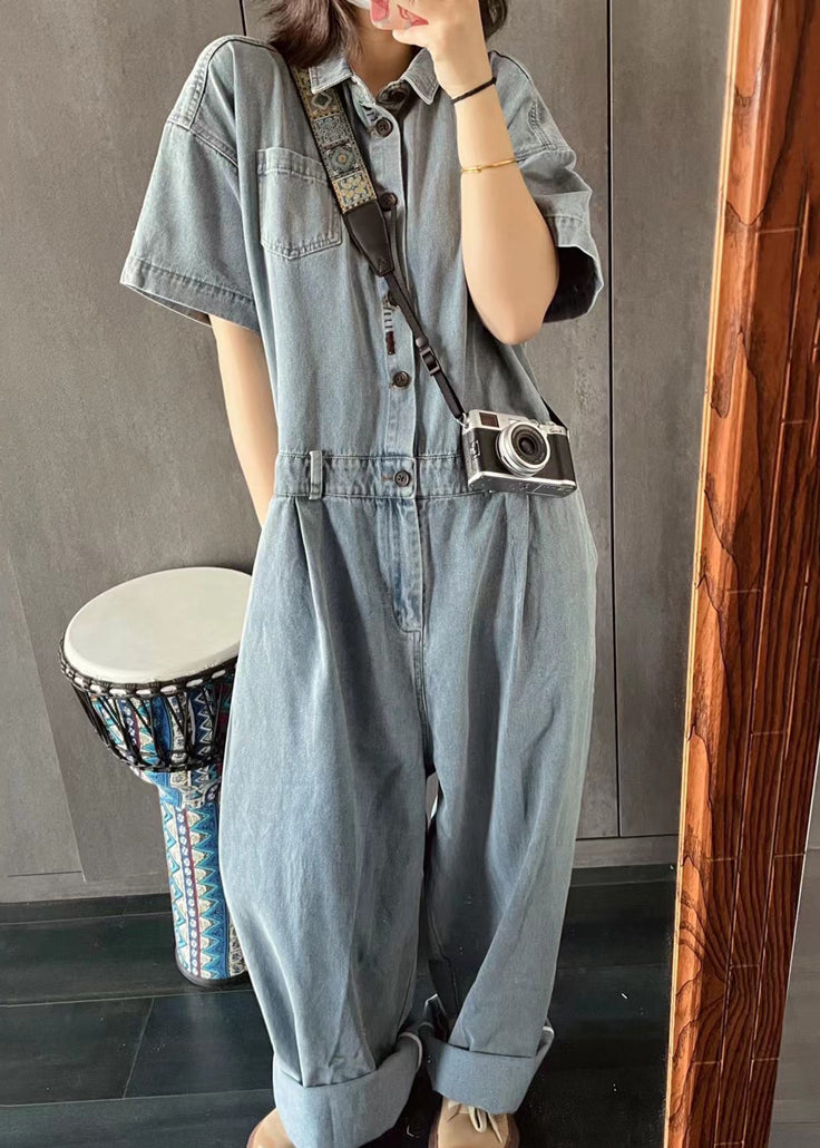 New Light Blue Peter Pan Collar Button Pockets Denim Jumpsuit Summer Mn077