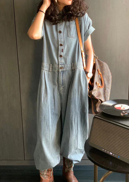New Light Blue Peter Pan Collar Button Pockets Denim Jumpsuit Summer Mn077