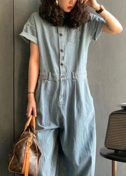 New Light Blue Peter Pan Collar Button Pockets Denim Jumpsuit Summer Mn077