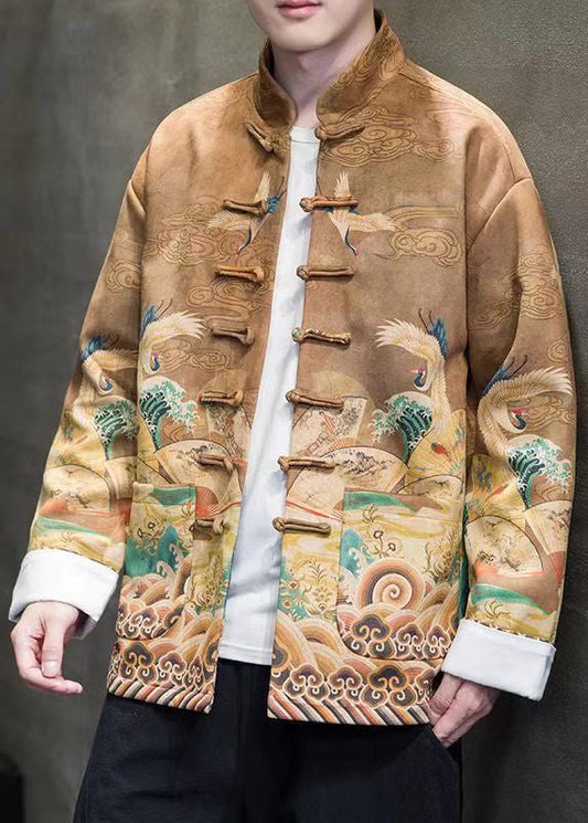 New Light Brown Stand Collar Button Print Coat Fall Wj025