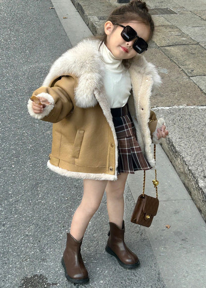 New Light Camel Fur Collar Patchwork Leather and Fur Coats Winter Tg019